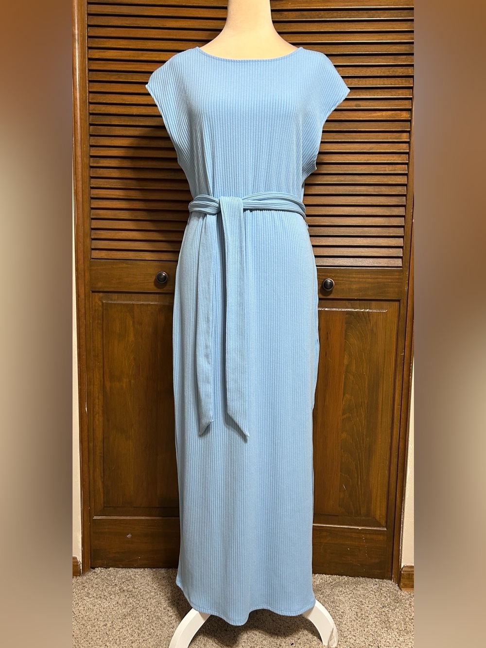 Bar iii Cap Sleeve Ribbed Belted Maxi Side Slit Baby Blue Dress Size L